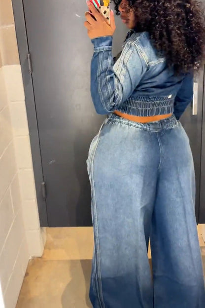 Denim Pleated Jacket + Wide-Leg Denim Pants