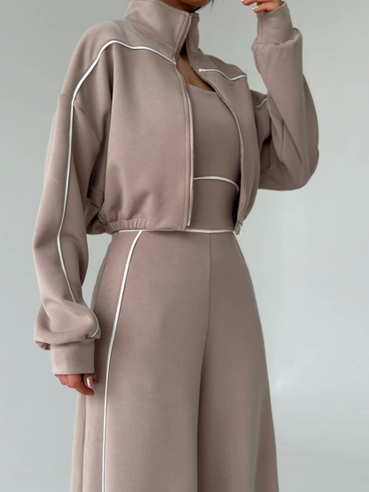 Casual Sports-Style Jumpsuit + Jacket Two-Piece Set