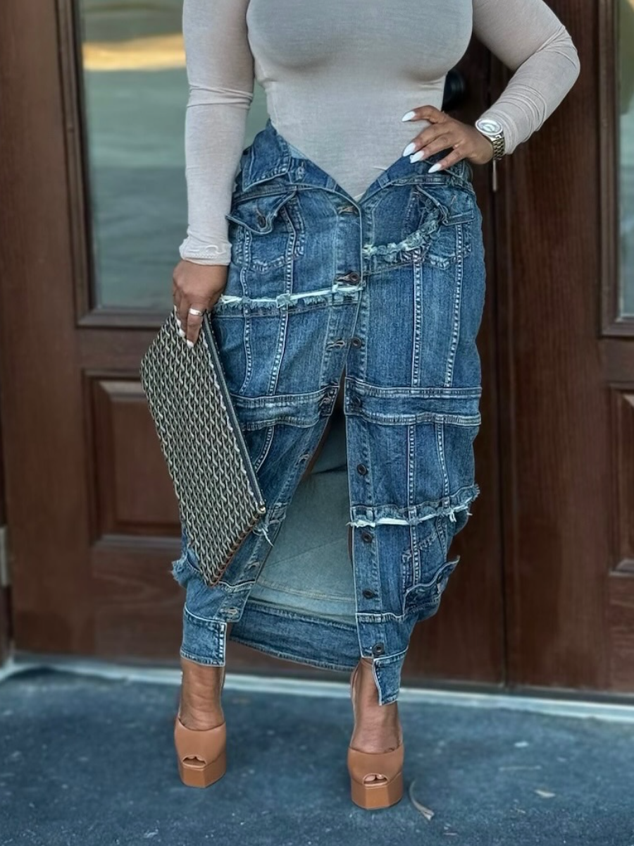 Button-front denim skirt