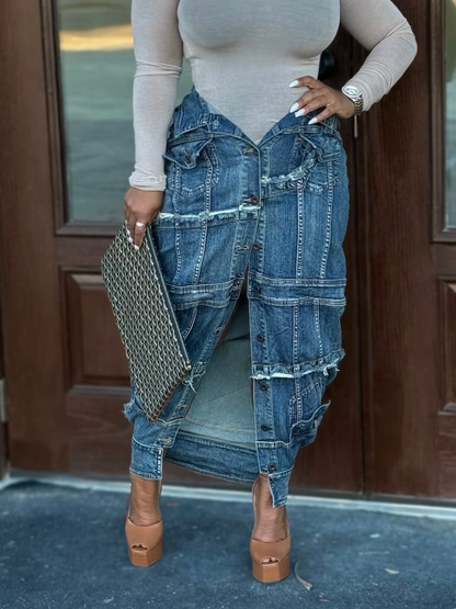 Button-front denim skirt