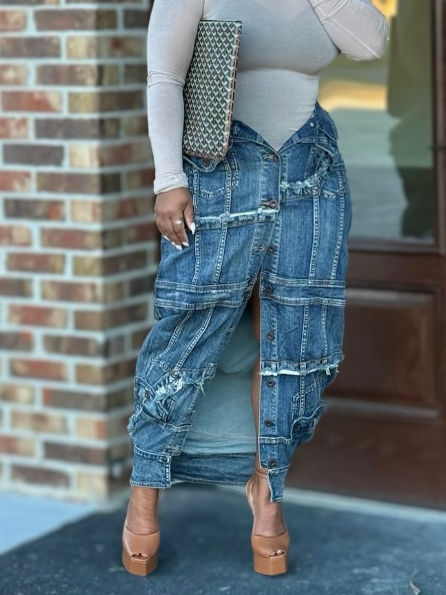 Button-front denim skirt