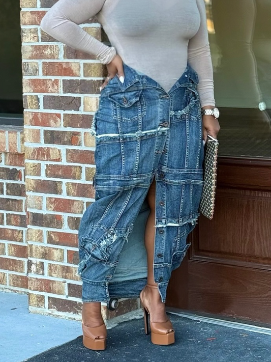 Button-front denim skirt