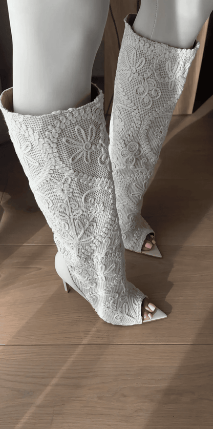 Lace-Embroidered  High-Heel Boots