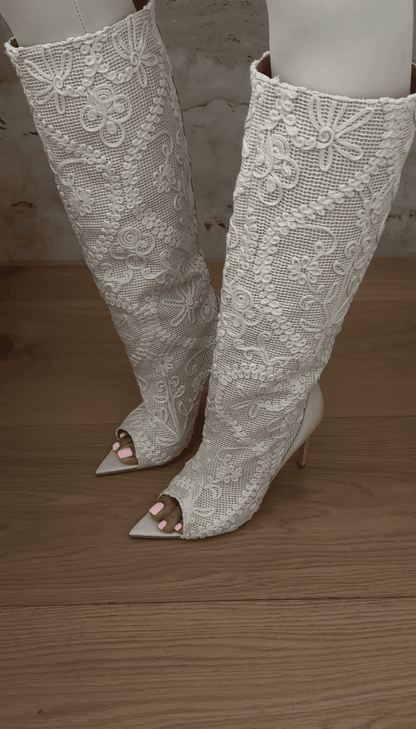 Lace-Embroidered  High-Heel Boots