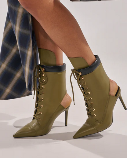 Olive Lace-Up Stiletto Bootie