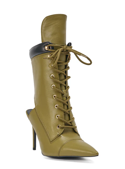 Olive Lace-Up Stiletto Bootie