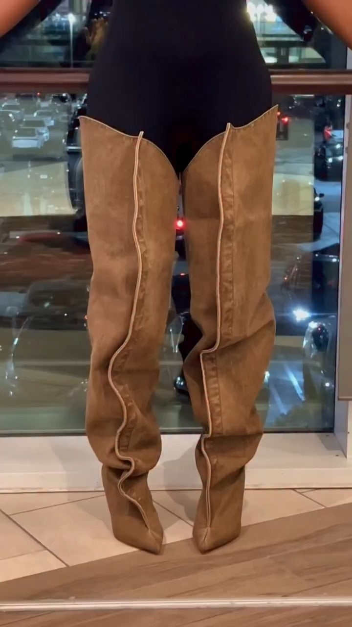 Leather Pointed Toe Thigh High Scrunch Boots