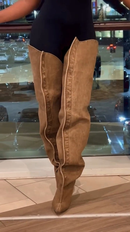 Leather Pointed Toe Thigh High Scrunch Boots
