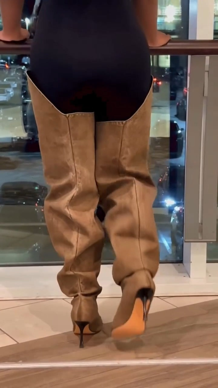 Leather Pointed Toe Thigh High Scrunch Boots