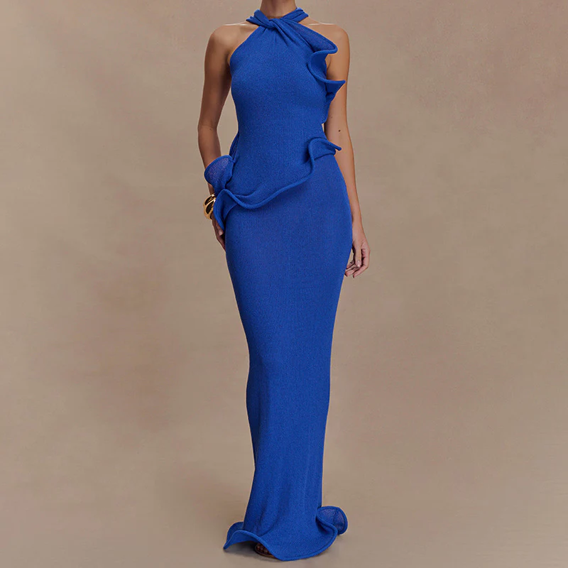 Halter-neck, backless,wavy fishtail dress