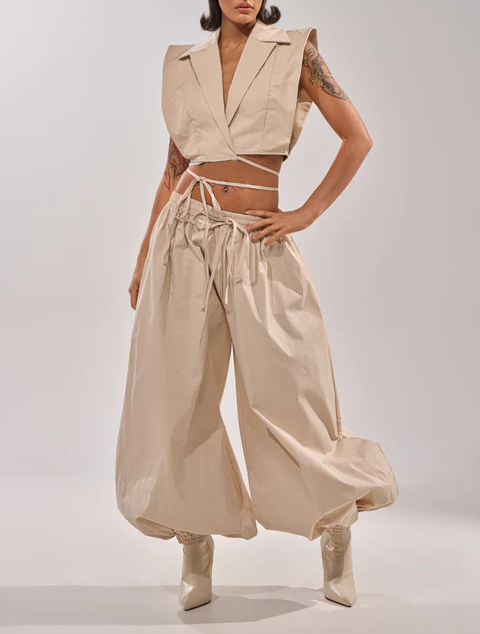 V-neck Lace-up Shirt+Wide Leg Pants