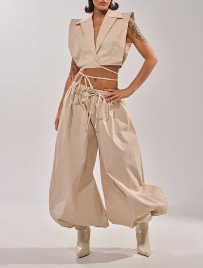 V-neck Lace-up Shirt+Wide Leg Pants