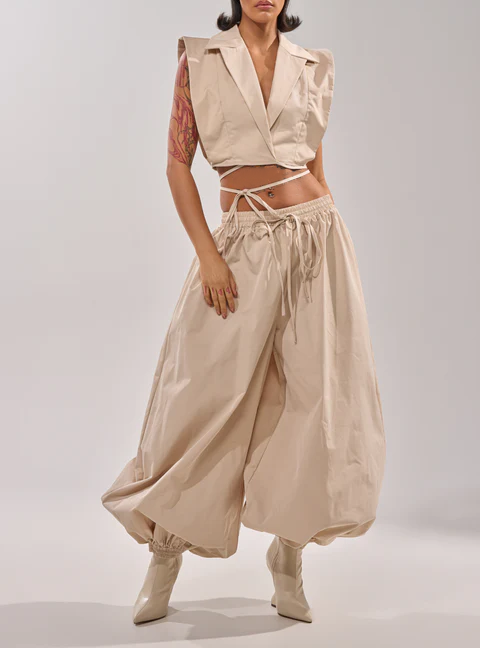V-neck Lace-up Shirt+Wide Leg Pants