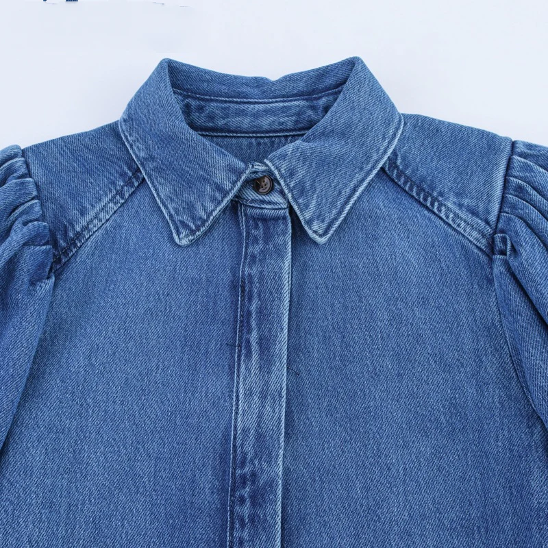 Denim Shirt with 3/4 Length Puff Sleeves