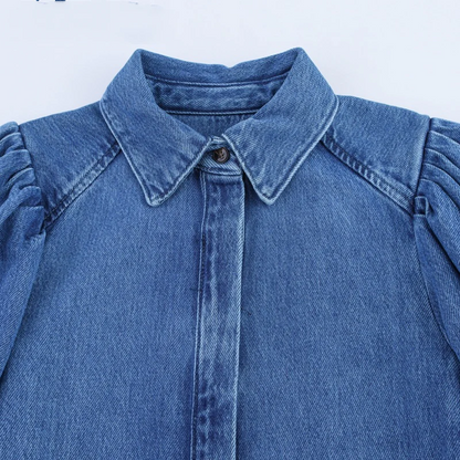 Denim Shirt with 3/4 Length Puff Sleeves
