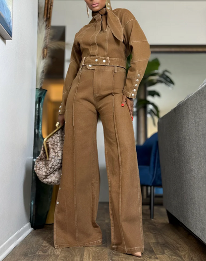 Brown denim button-down set