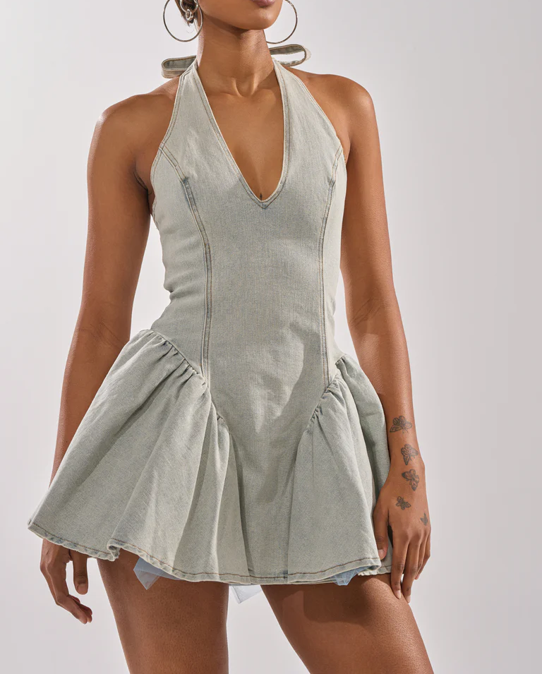 Strappy bow mini denim dress