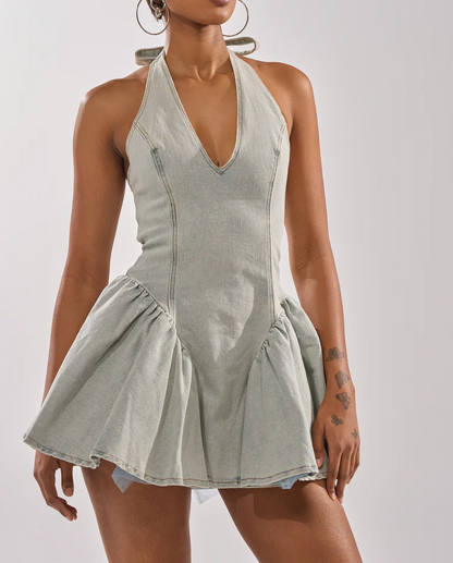 Strappy bow mini denim dress