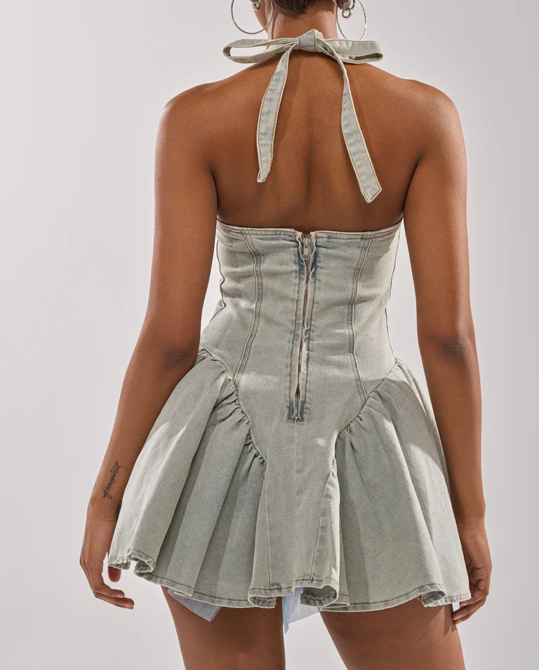 Strappy bow mini denim dress