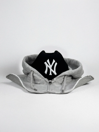 Gray hoodie and denim hat