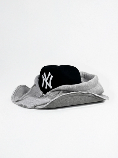 Gray hoodie and denim hat