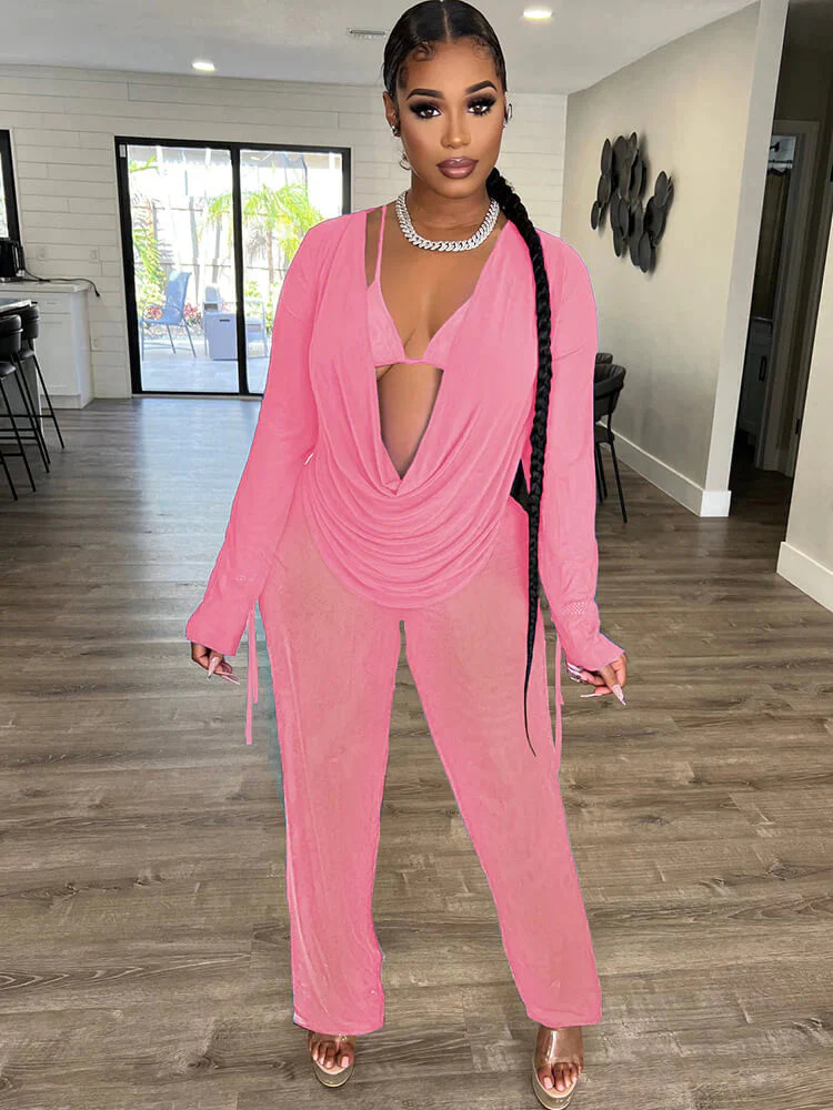 Three Piece Long Sleeve Mesh Cover Up Pants Suit