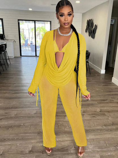 Three Piece Long Sleeve Mesh Cover Up Pants Suit