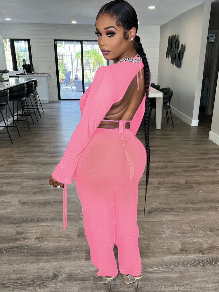 Three Piece Long Sleeve Mesh Cover Up Pants Suit