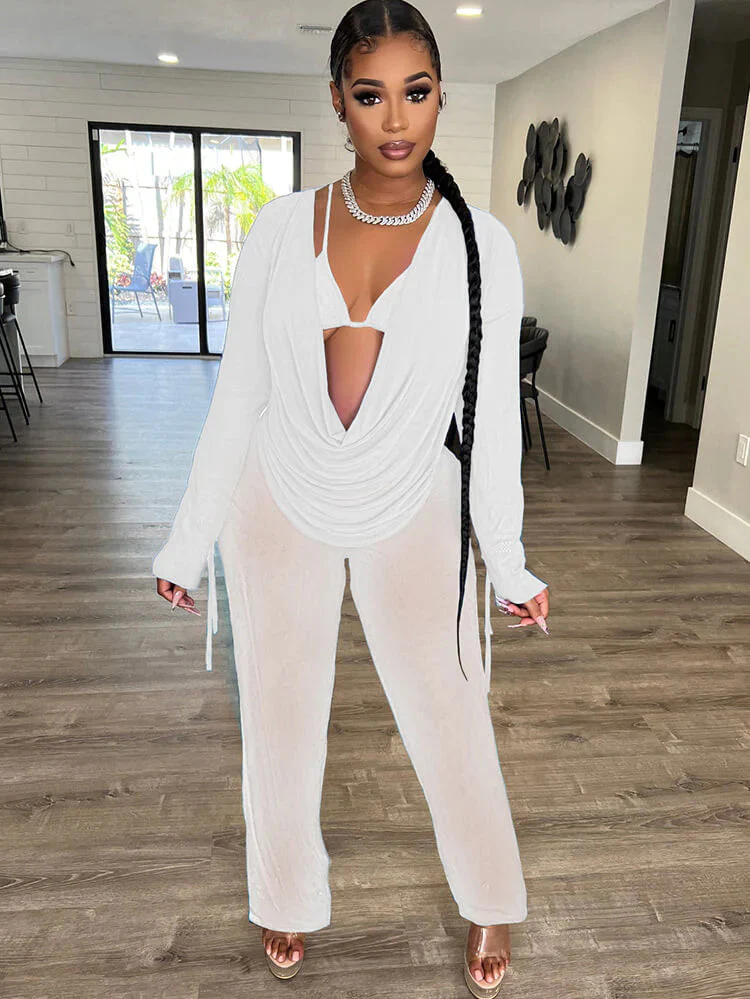 Three Piece Long Sleeve Mesh Cover Up Pants Suit