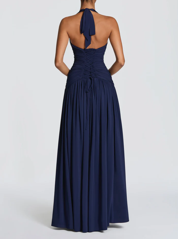 Strapless pleated slit maxi dress