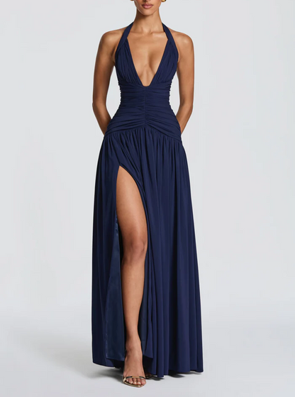 Strapless pleated slit maxi dress