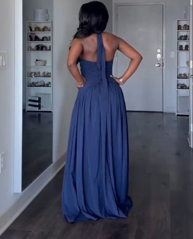 Strapless pleated slit maxi dress