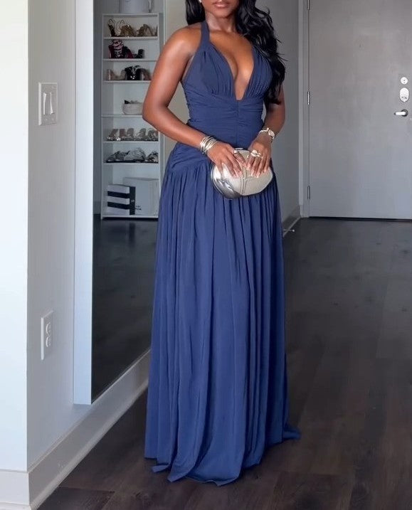 Strapless pleated slit maxi dress
