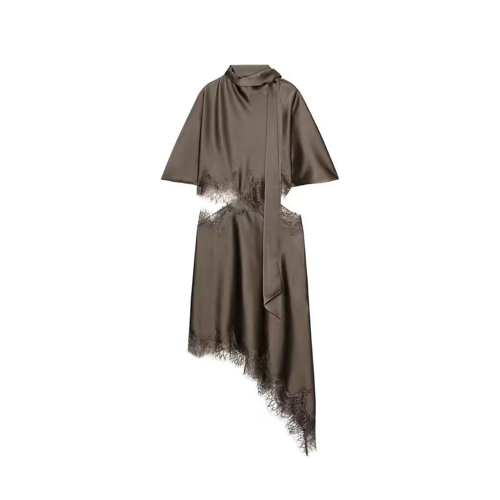 Silk satin dress with lace cutout design at the waist