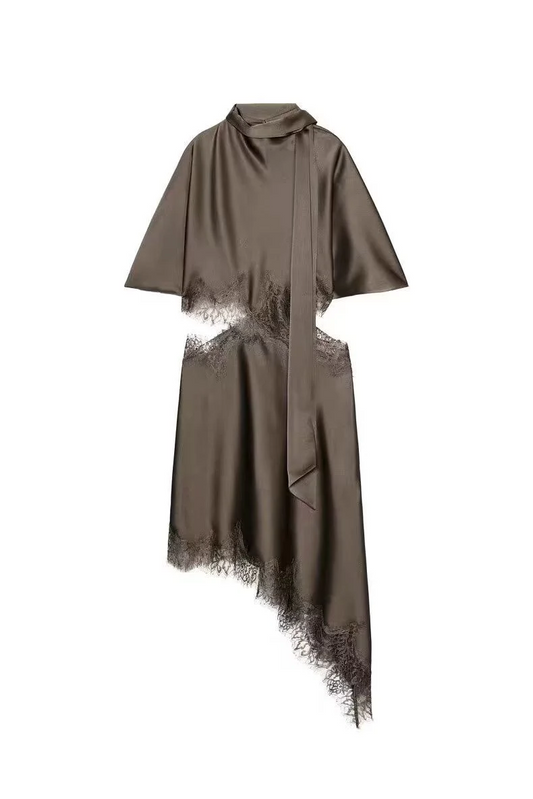 Silk satin dress with lace cutout design at the waist