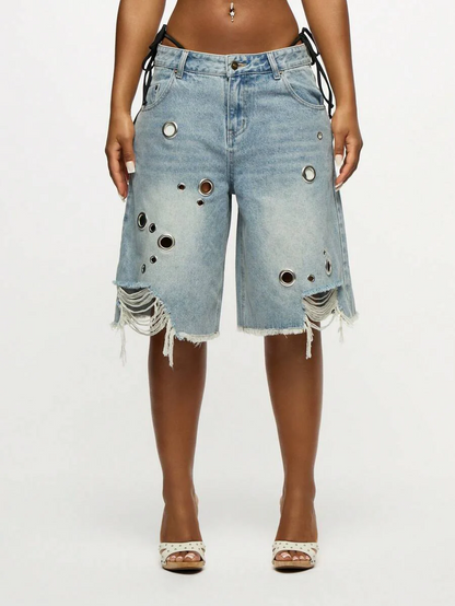 Openwork ring-shaped denim shorts