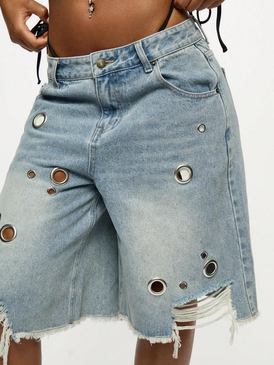 Openwork ring-shaped denim shorts
