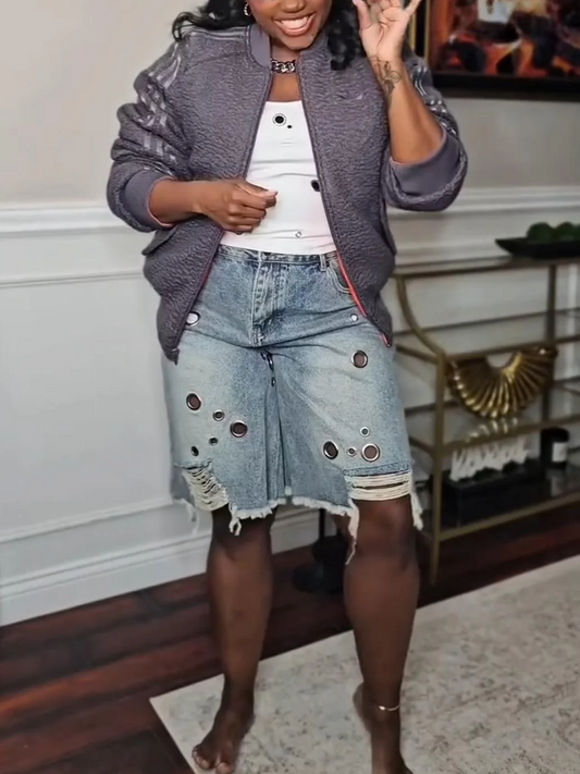 Openwork ring-shaped denim shorts