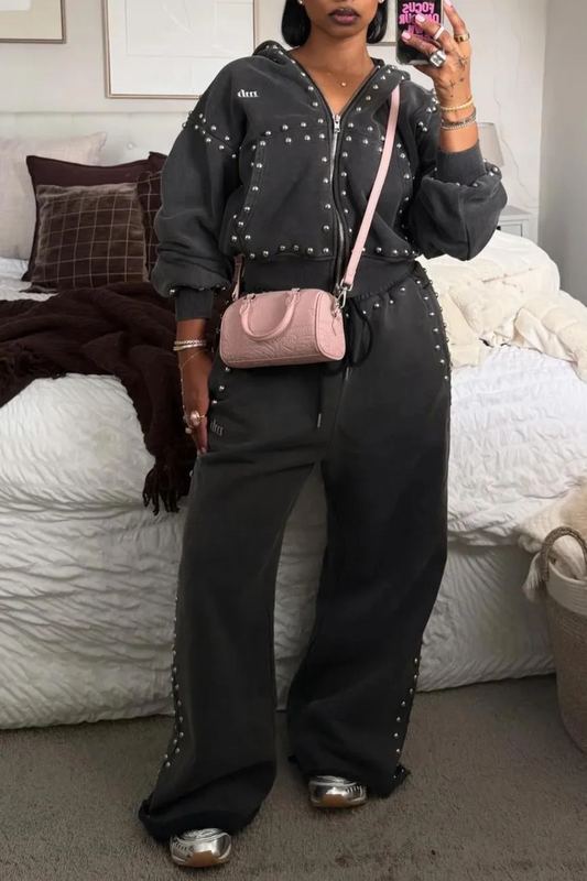 Rivet-Detail Casual Sweatshirt Set