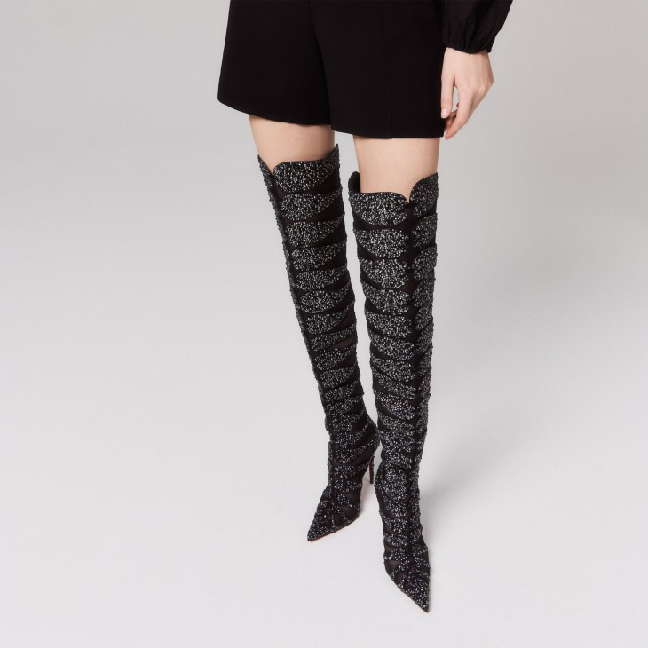 Diamond-studded knee-high boots