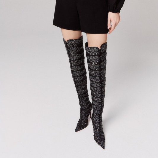 Diamond-studded knee-high boots