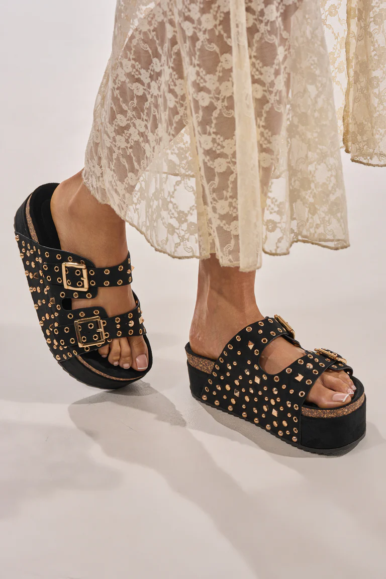 BLACK FLATFORM STUD EMBELLISHED SLIP ON SANDAL