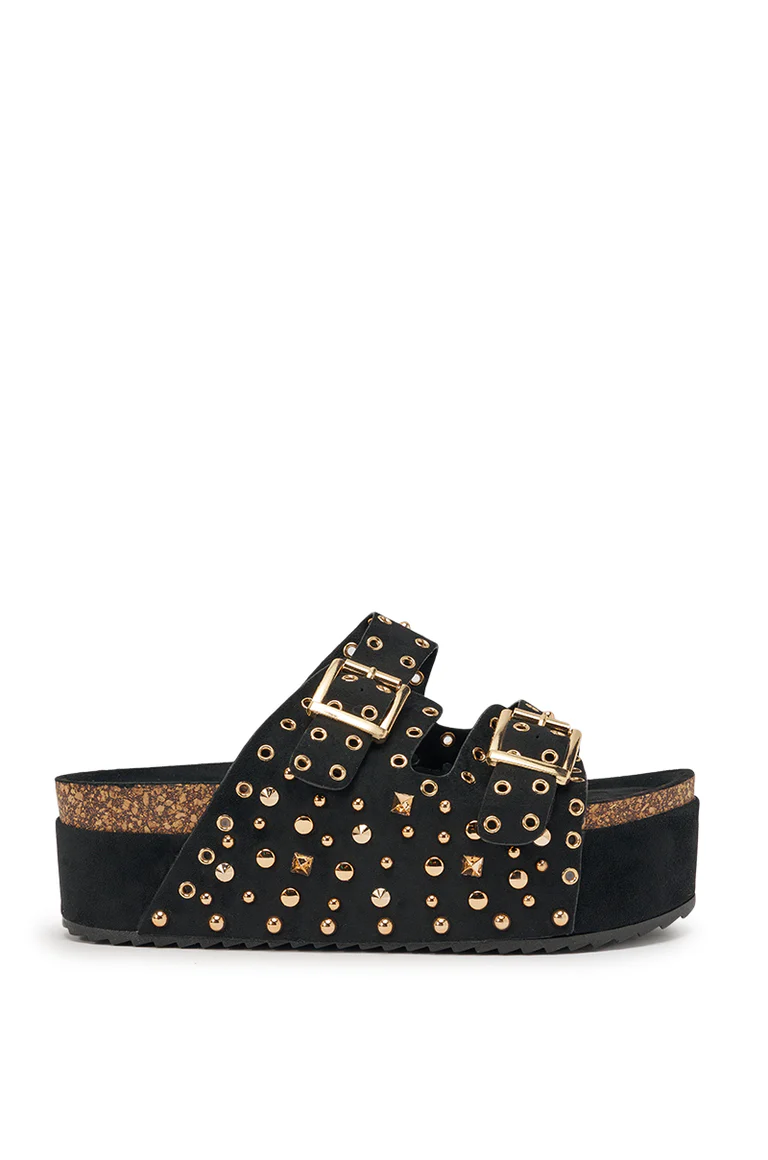 BLACK FLATFORM STUD EMBELLISHED SLIP ON SANDAL
