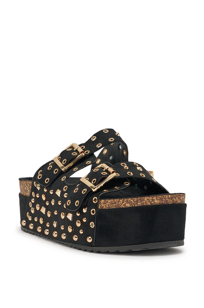 BLACK FLATFORM STUD EMBELLISHED SLIP ON SANDAL