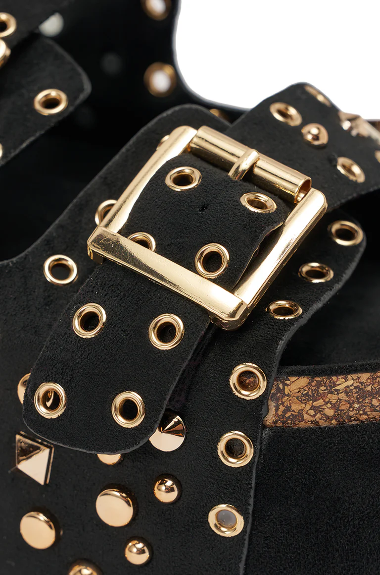 BLACK FLATFORM STUD EMBELLISHED SLIP ON SANDAL