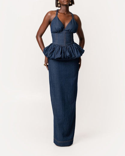 Denim Pinstripe Peplum Top And Skirt Set