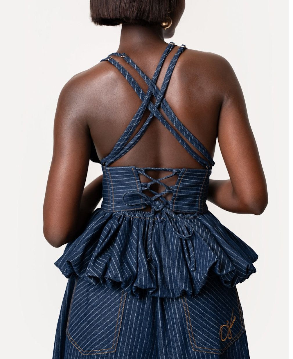 Denim Pinstripe Peplum Top And Skirt Set