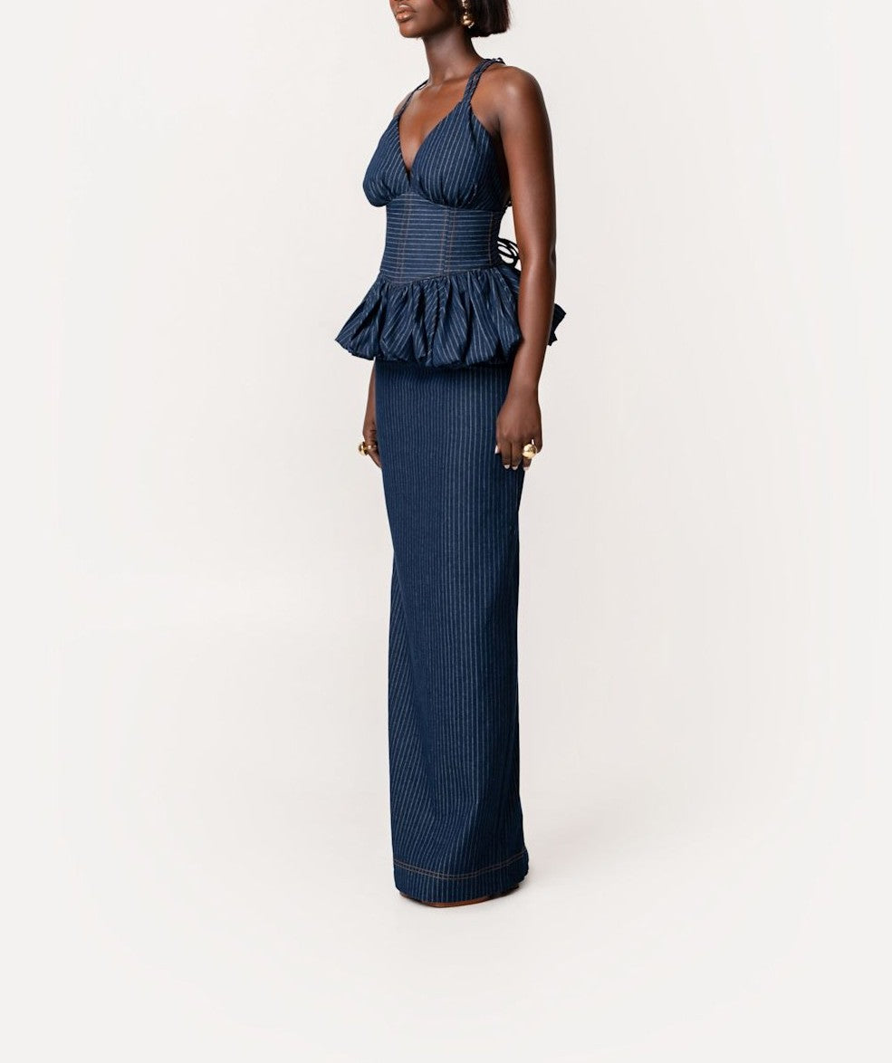 Denim Pinstripe Peplum Top And Skirt Set