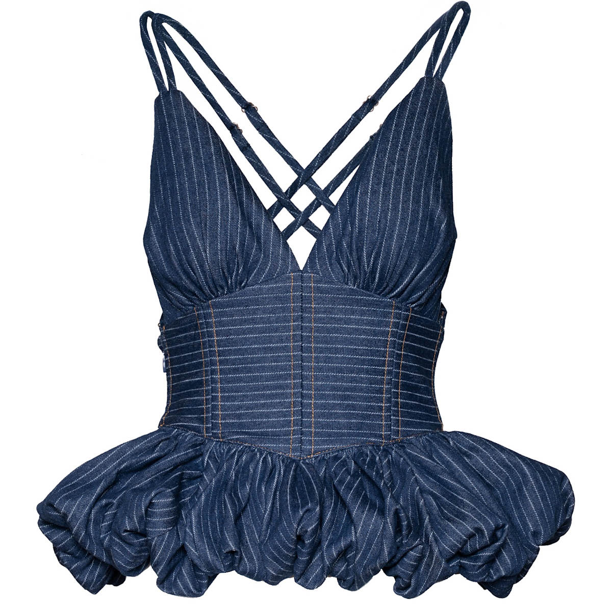 Denim Pinstripe Peplum Top And Skirt Set