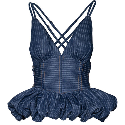 Denim Pinstripe Peplum Top And Skirt Set